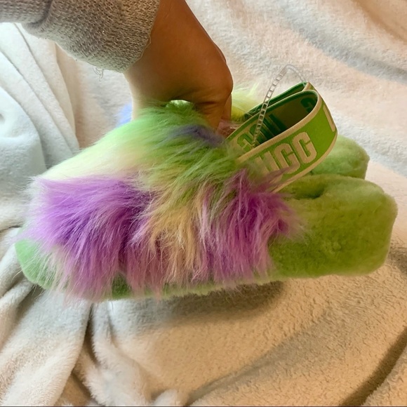 Ugg fluff yeah tie dye fur slides platform slippers size 6 green - Picture 11 of 12